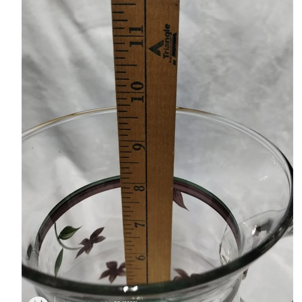 Vintage Hand Painted Glass Pitcher Floral Vine Pattern‎ Clear Glass Carafe
